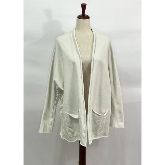 FRANK & EILEEN Sz L Large Beach Cardigan Open Front Triple Fleece Vintage White - Picture 9 of 11